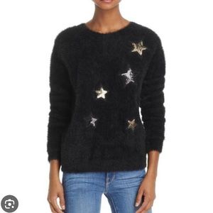 MOLLY BRACKEN FUZZY BLACK Sequin Star Sweater Size Small